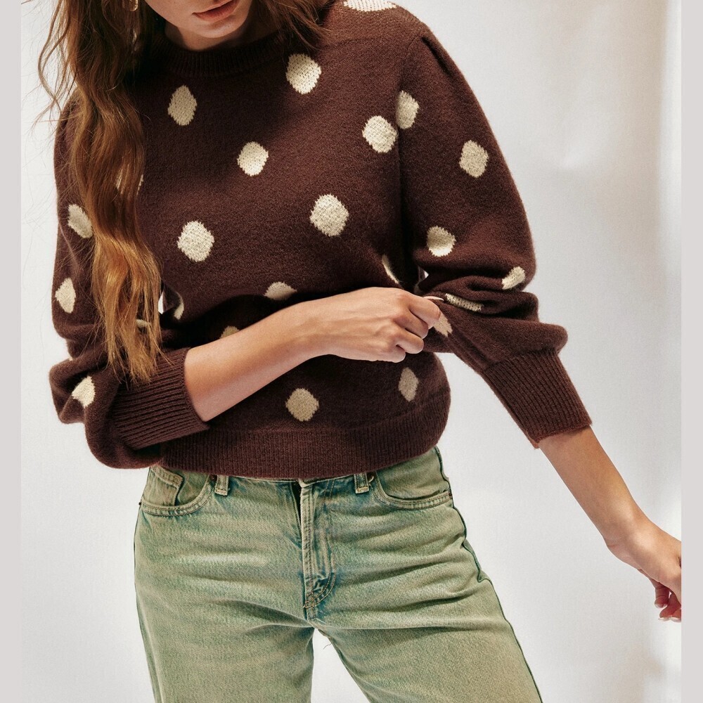 Brown Polka Dot Knit Sweater with Puff Sleeves and Round Neck - Picture 6 of 7